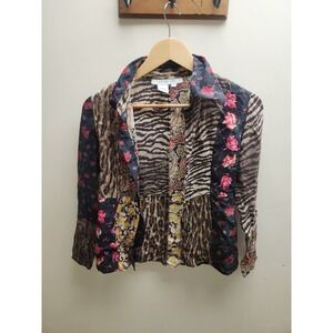 Esther Chen Silk Patchwork Animal Floral Print Button Down Shirt Jacket Womens 2